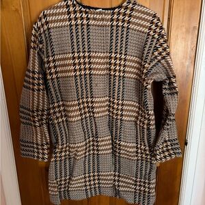 J Jill Topper Coat Sweater Petite XS Snap Front Brown Black Plaid Wool